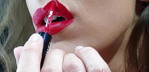  100 Natural Big Lipped skinny wife applying long lasting red lipstick, sucking and deepthroating my cock untill she receives a creamy reward - couplesdelight